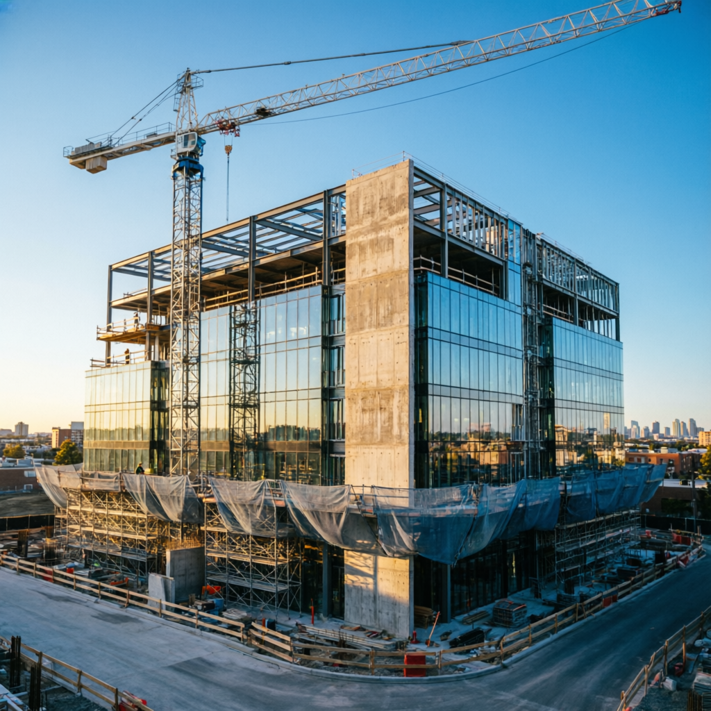 Edificio corporativo en construcción con grúa y andamios