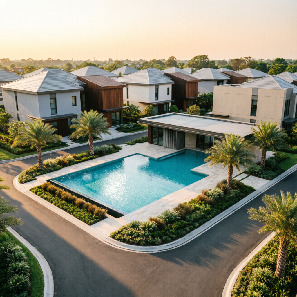 Fraccionamiento residencial con alberca y palmeras