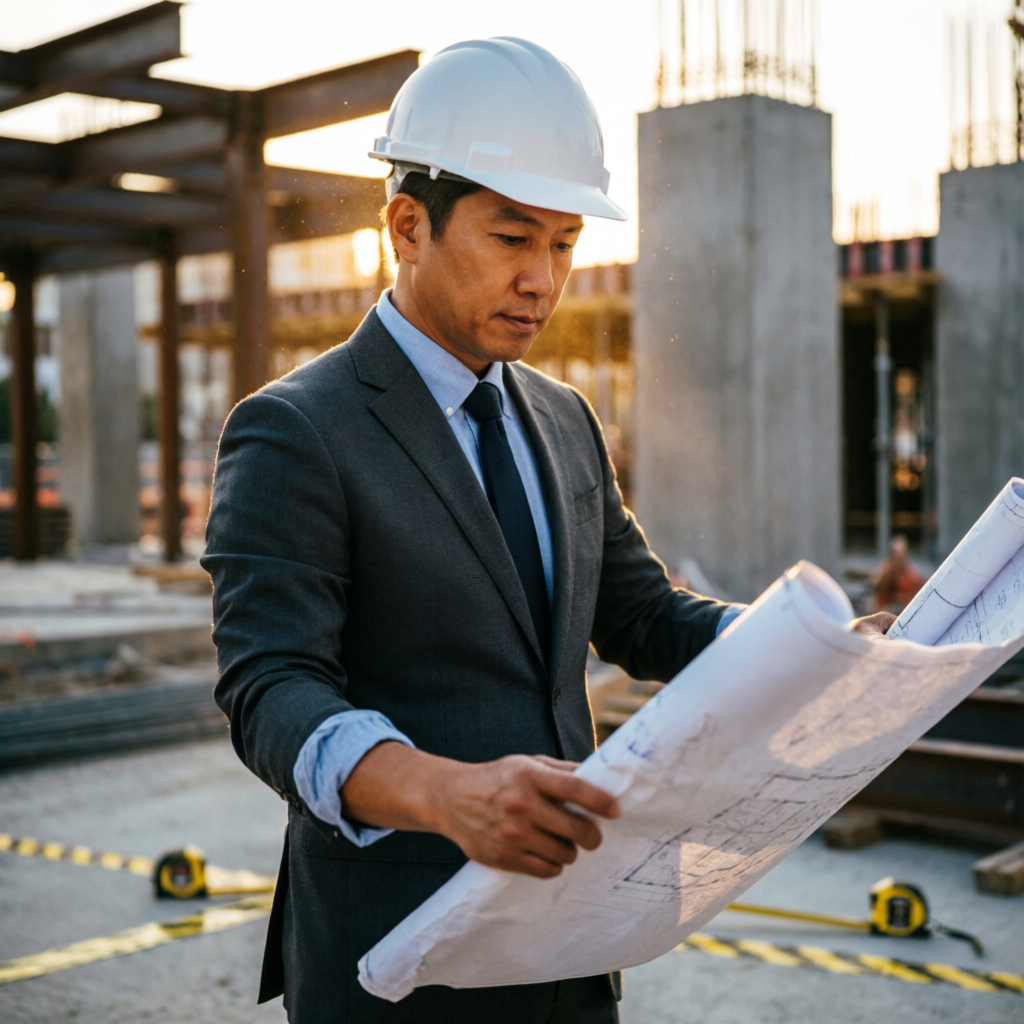 Ingeniero civil con casco revisando planos en obra al atardecer