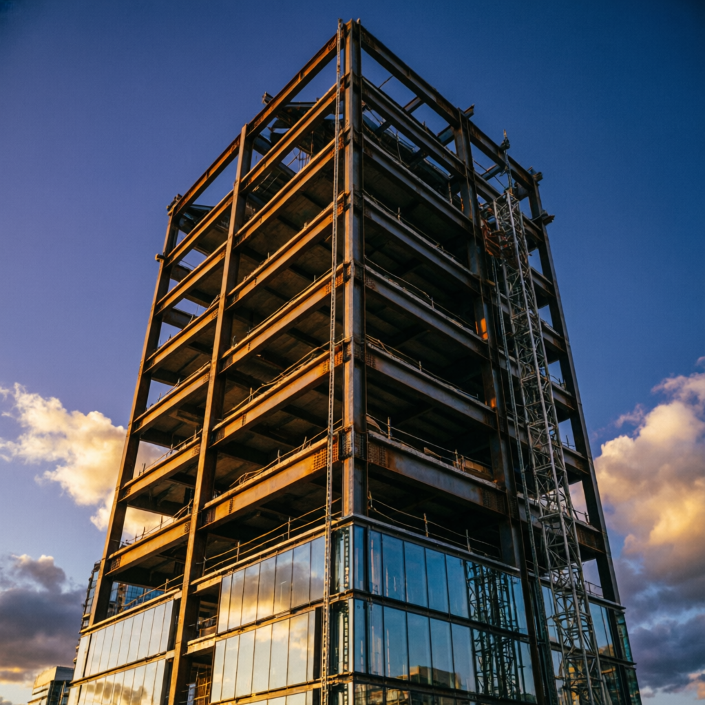 Torre en construcción con estructura de acero e iluminación cálida al atardecer